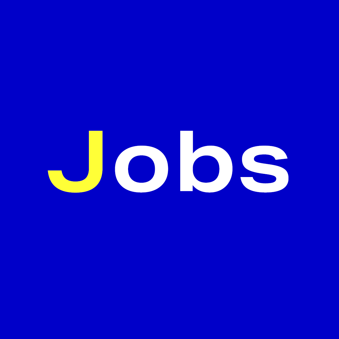 Word "Jobs" on white background with yellow "J" on blue background