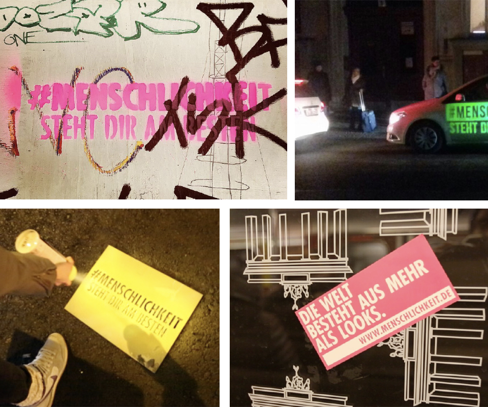 Fotocollage von #Menschlichkeits Slogan in Stadt verteilt