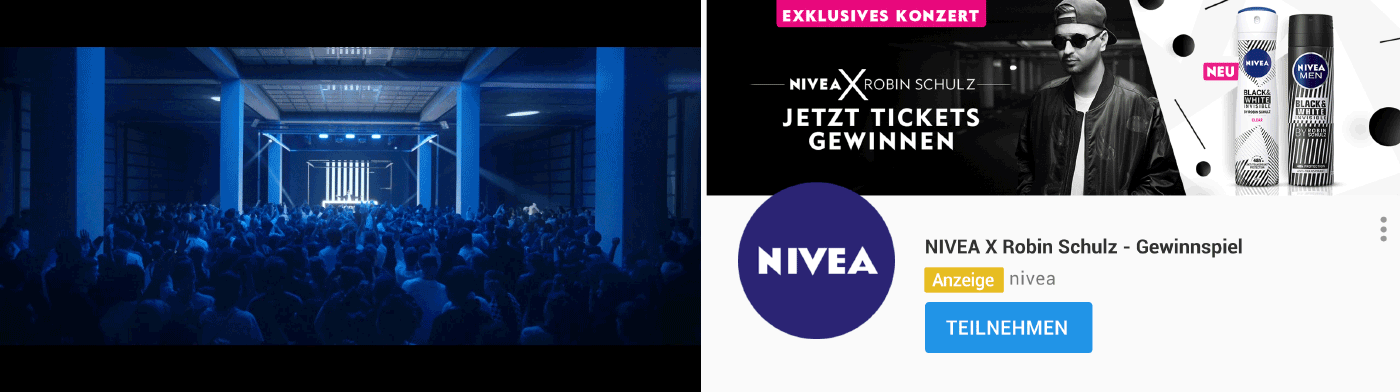 Left: Concerthall full of people dancing to Robin Schulz, Right: Advertising for NIVEA Contest to win tickets to the concert