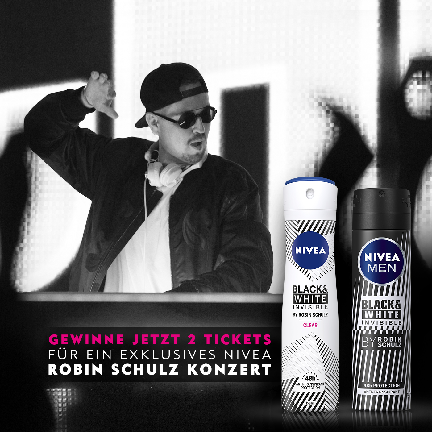 Two NIVEA black and white deodorant cans in the background Robin Schulz playing music