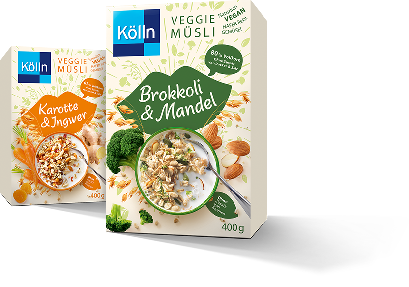 Kölln Veggie muesli boxes "carrot&ginger", "broccoli&almond"