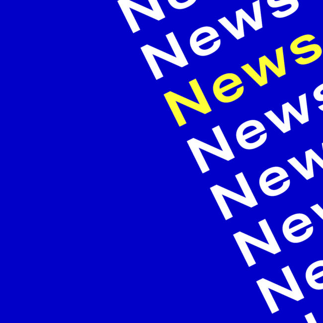 Word "News" in white and yellow font on blue background