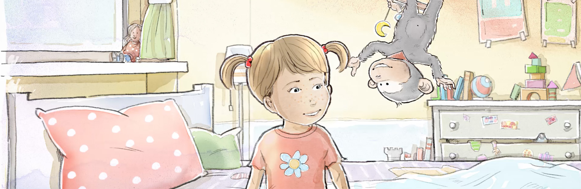 Full-width-Anton Comic von Mädchen in Kinderzimmer, Affe Anton hängt von der Decke