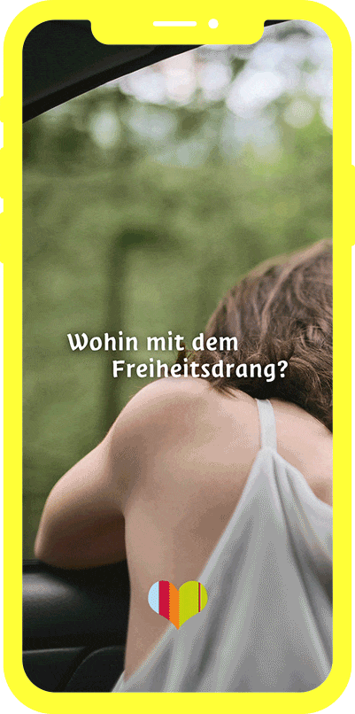 Phone shows video of a woman, that is leaning out of a car window with german phrase "Wohin mit dem Freiheitsdrang?"
